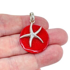 Estate Sterling Silver 925 Red Coral Disk Starfish Pendant